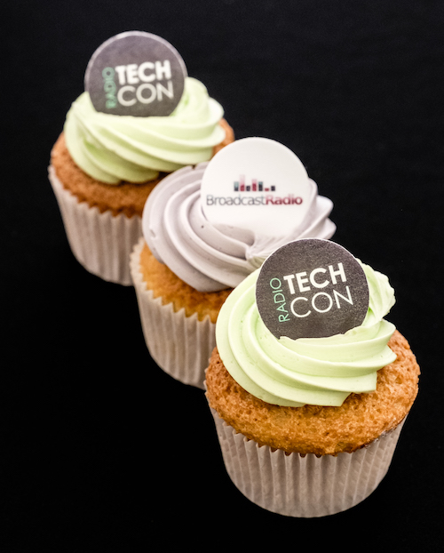 Three cupcakes branded with Broadcast Radio and Radio TechCon logos