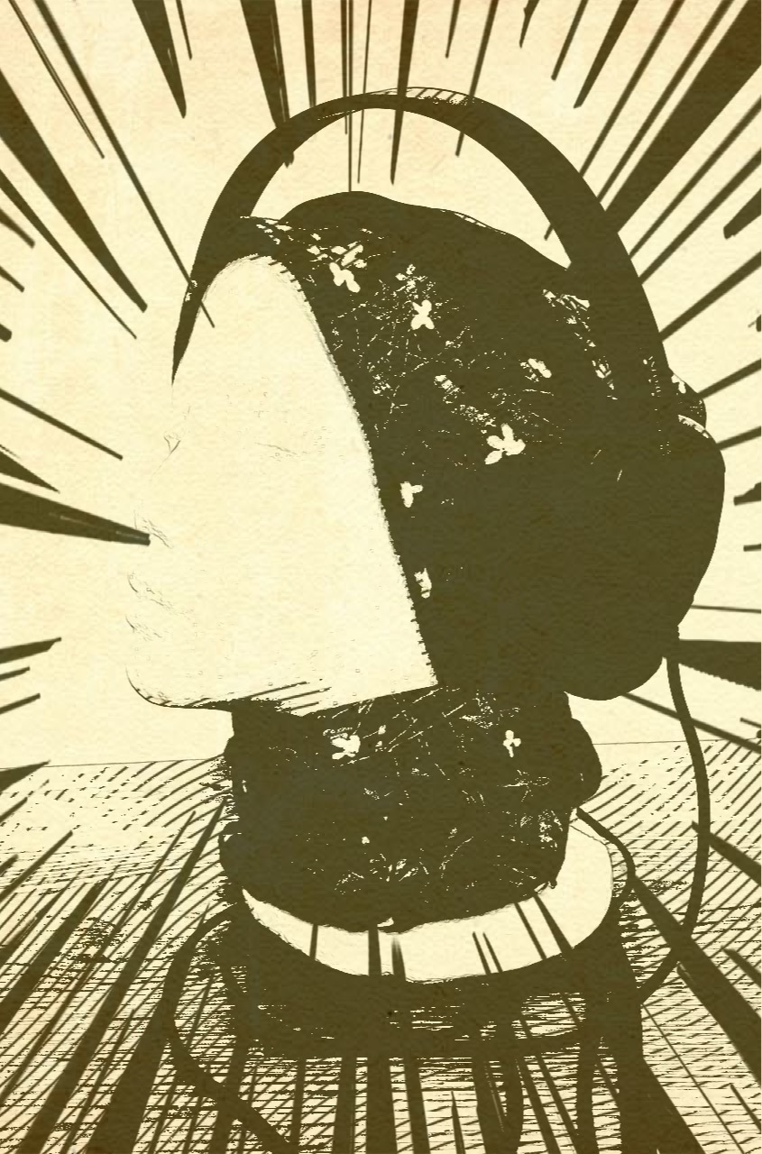 A manequin wearing headphones. The image has been turned cream and has dark brown lines forming a halo or star shape stretching all around it.