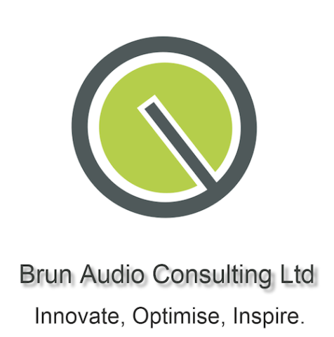 Brun Audio Consulting Ltd logo - green circle with an off-centered grey power symbol on top and the words 'Innovate, Optimise, Inspire' below.