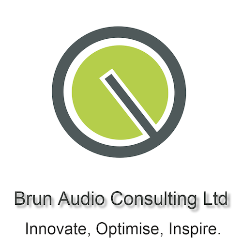 Brun Audio Consulting Ltd logo - green circle with an off-centered grey power symbol on top and the words 'Innovate, Optimise, Inspire' below.