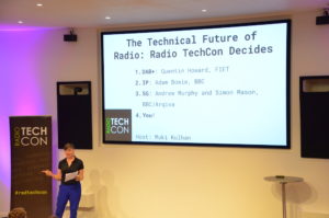 The Technical Future of Radio slide on screen with Muki Kulhan presenting