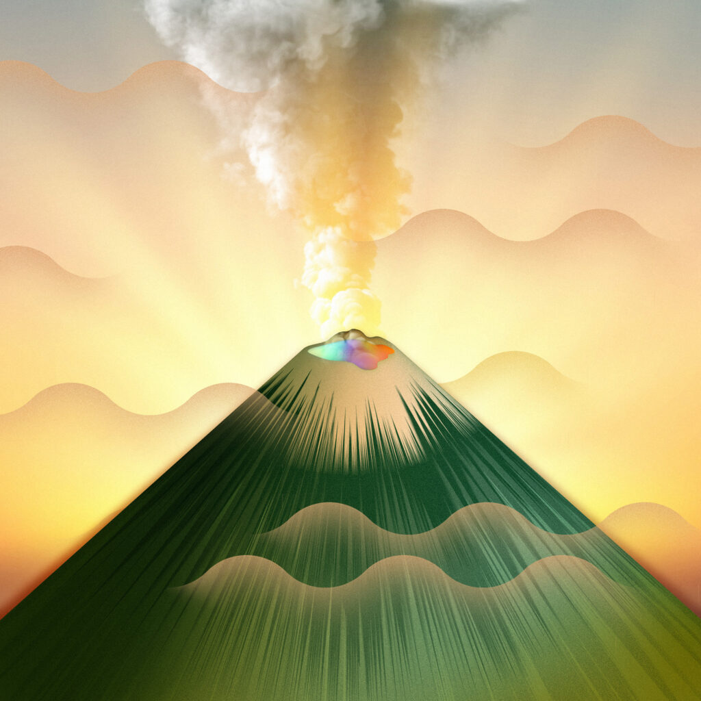 An artistic representation of a green volcano, with yellow sky and wavy clouds and a rainbow of cuddles about to bubble out as the steam rises from the crater.