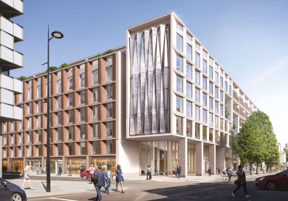 Artist's drawing of The Lantern - a modern office block building with a diamond pattern in the windows on the end wall.