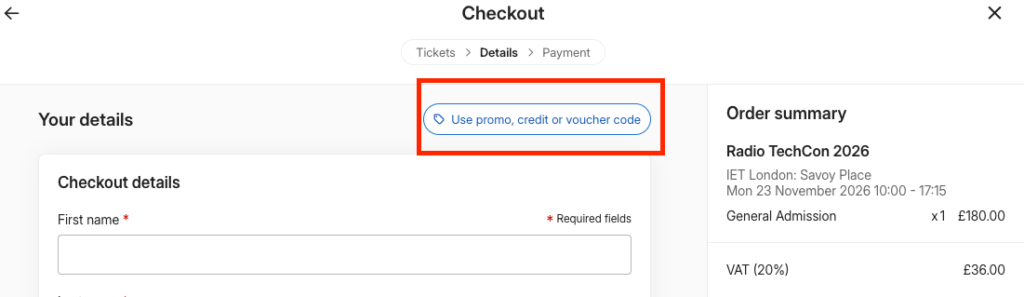 Checkout page Use promo, credit of voucher code box highlighted